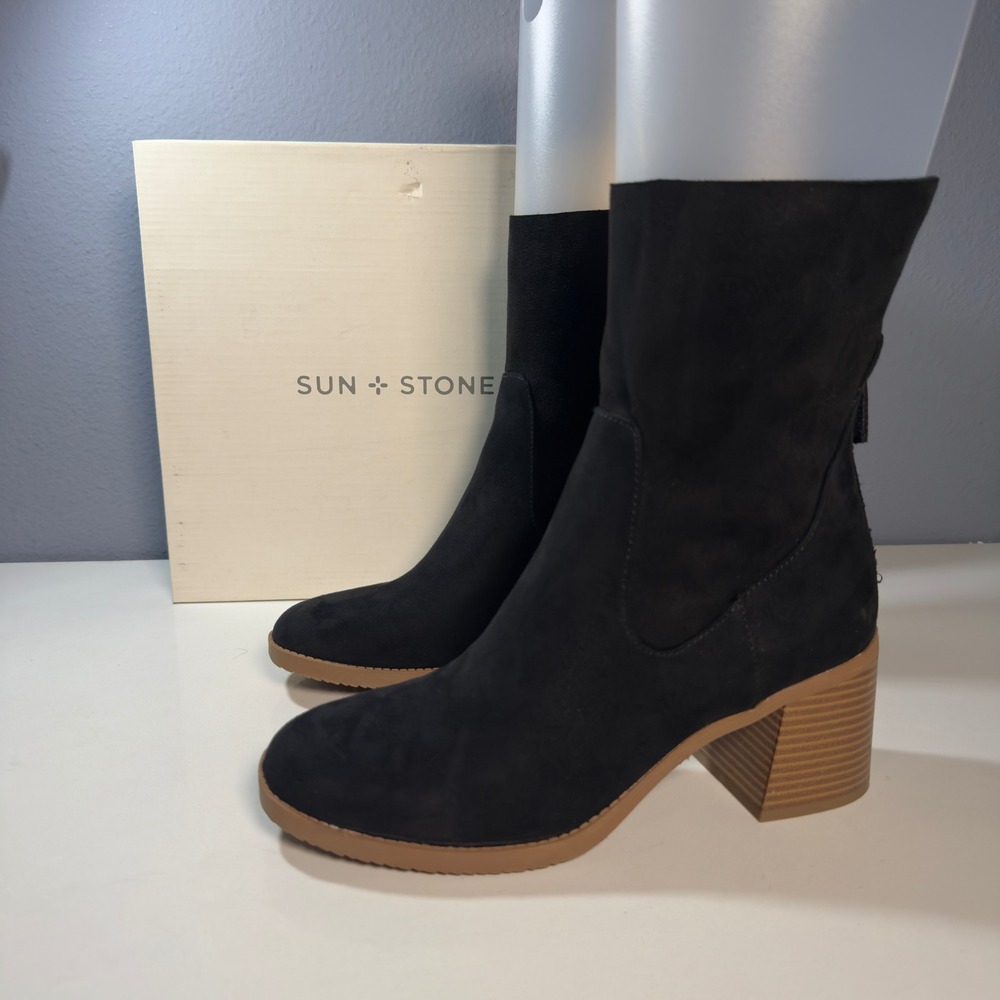 Sun + Stone Lyraaf Boots Women 9.5 Black New Block Heel Back Zip Ankle Bootie - Picture 3 of 13